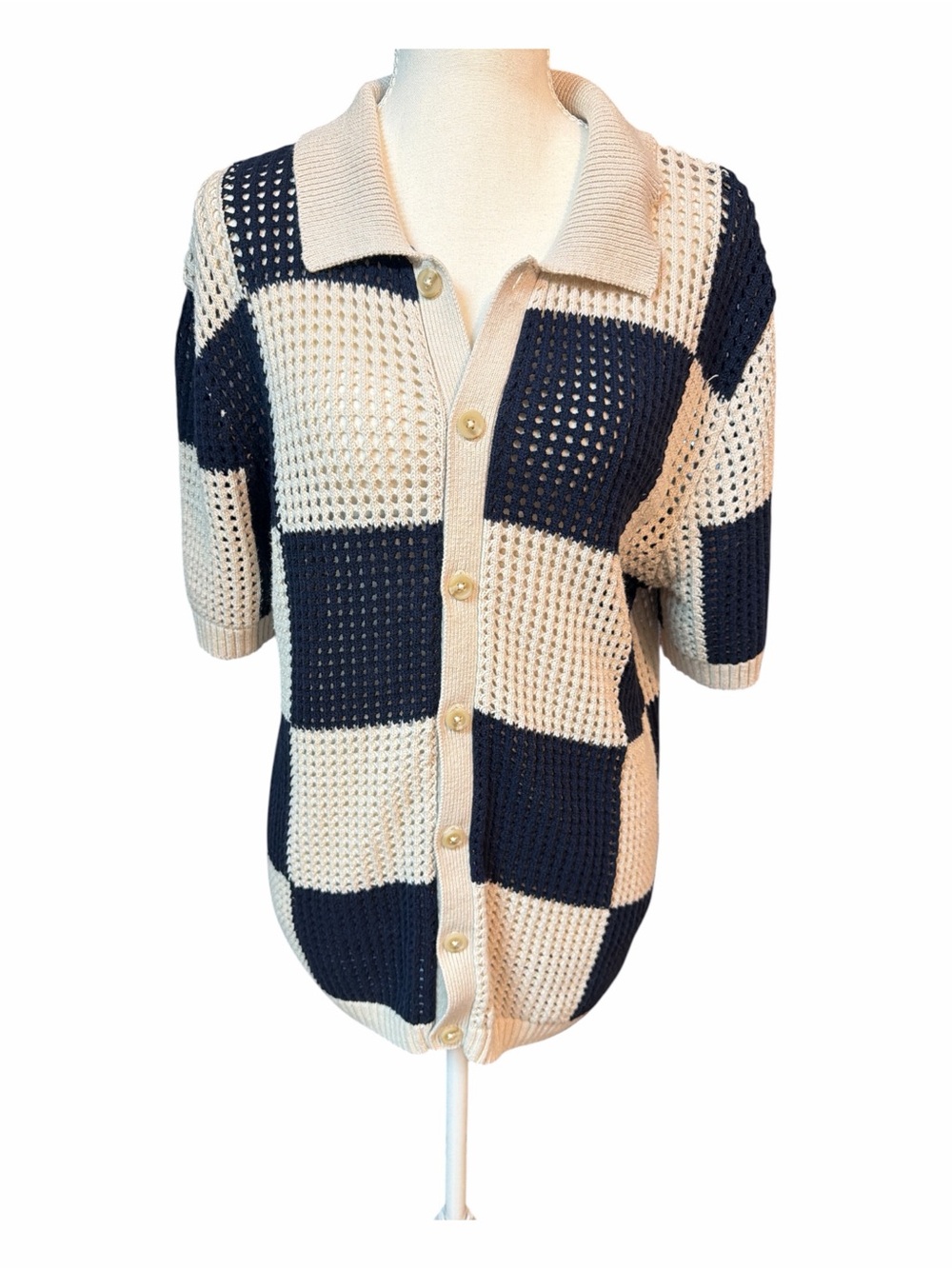 Coastal Crochet Knit Checkerboard Polo Cardigan Navy Cream Art of Rhetoric M